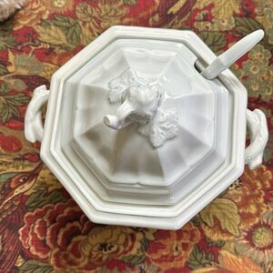 Antique White Red Cliff Ironstone soup tureen with ladle